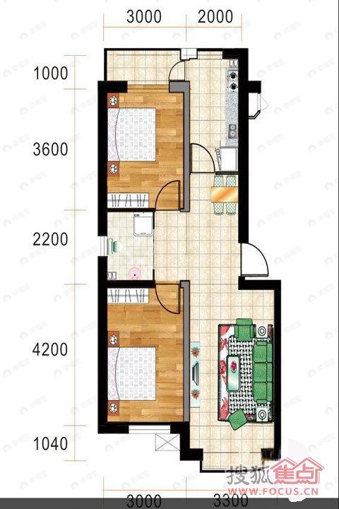 2室2厅建面74平户型图