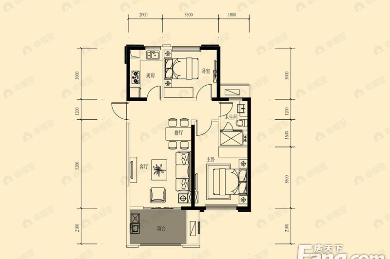 2室2厅1卫建面84平户型图