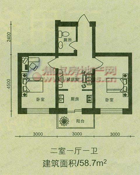 2室1厅建面58平户型图