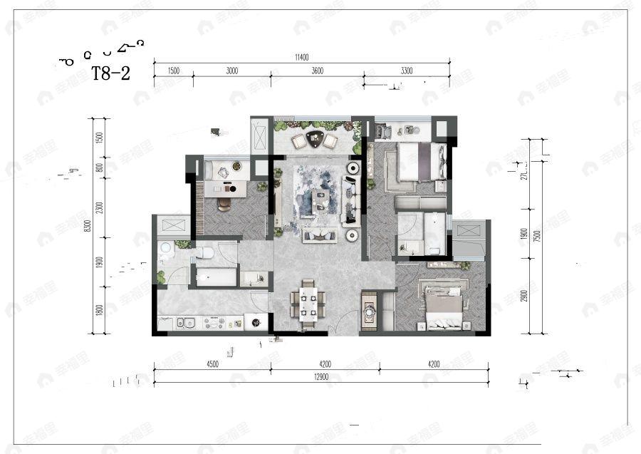 3室2厅2卫建面98平南户型图