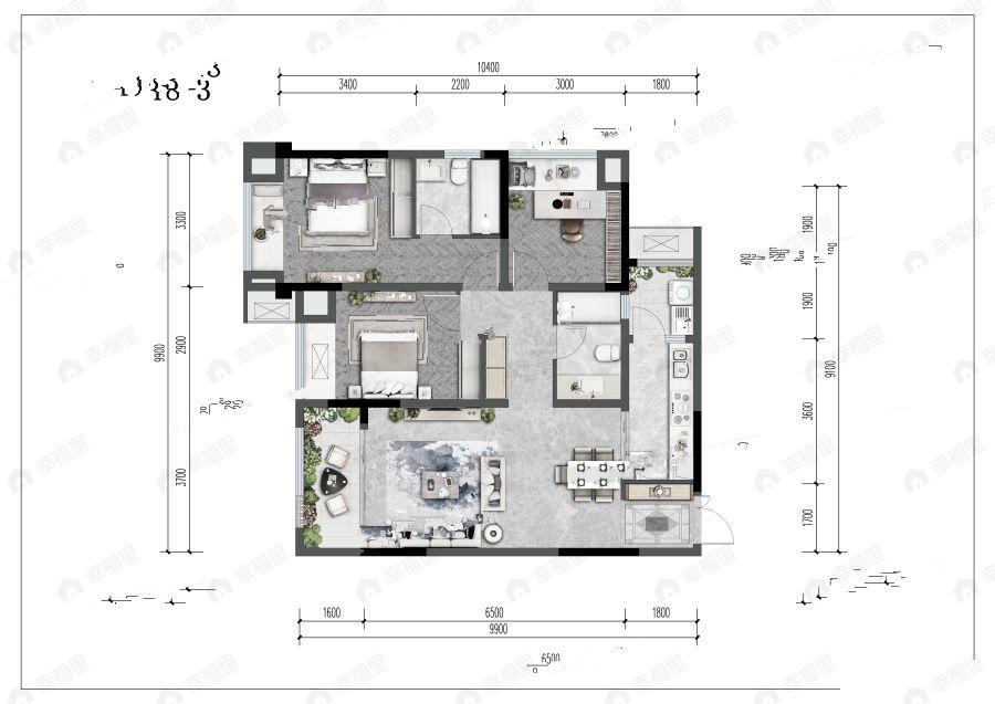 3室2厅2卫建面107平户型图