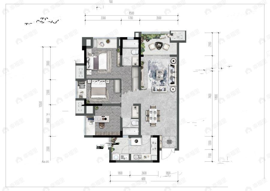 3室2厅2卫建面118平南户型图