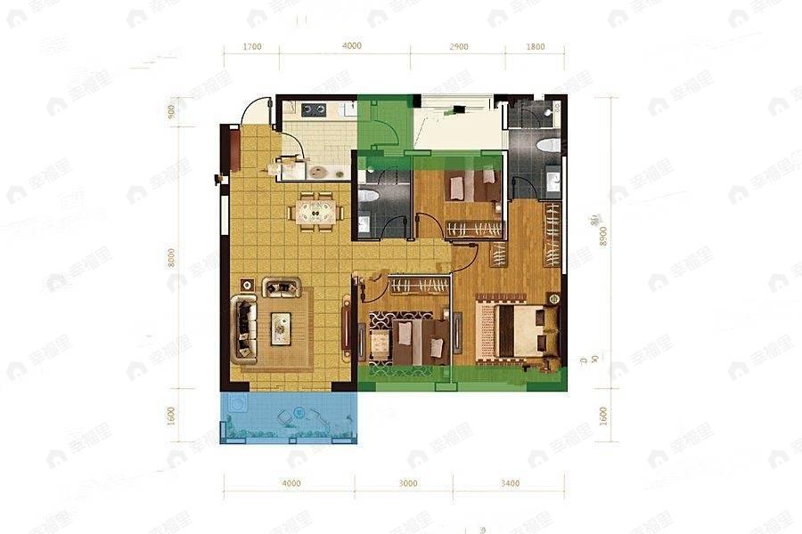 3室3厅3卫建面102平户型图