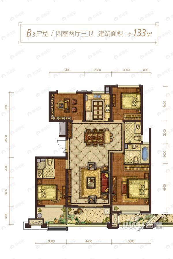 4室2厅3卫建面133平户型图