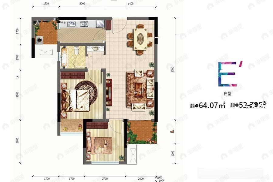 2室2厅1卫建面64平户型图