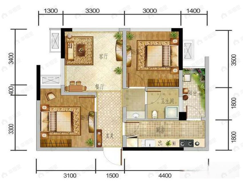 蓝光金双楠2室2厅1卫户型图