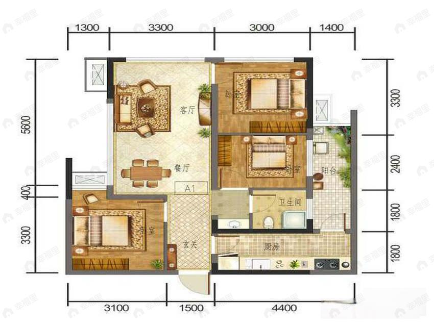 蓝光金双楠3室2厅1卫户型图