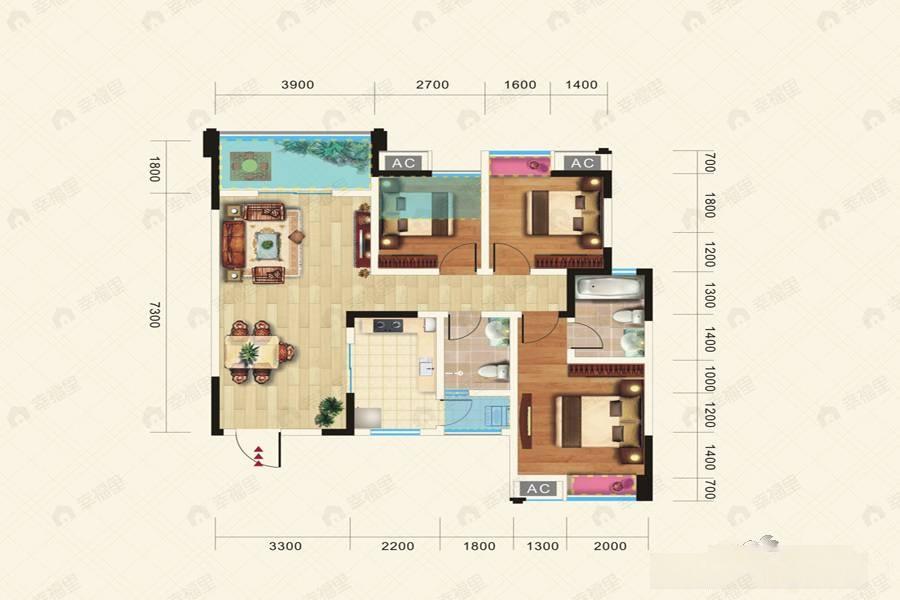 龙都国际3室2厅2卫户型图
