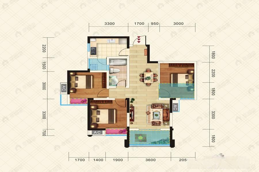 龙都国际3室2厅1卫户型图
