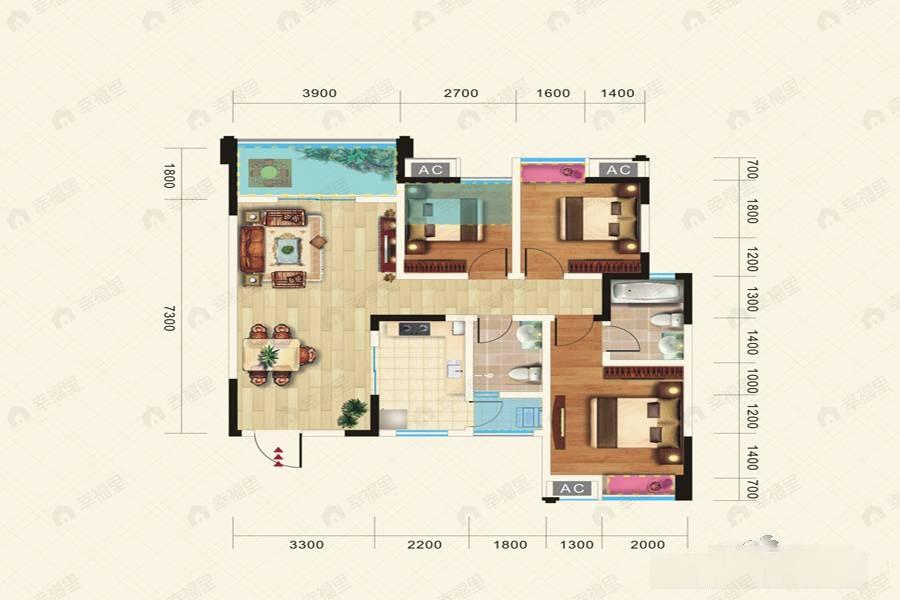 龙都国际3室2厅2卫户型图