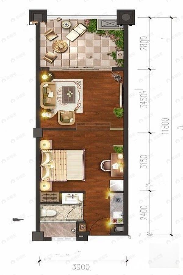 龙湖小院青城1室1厅1卫户型图