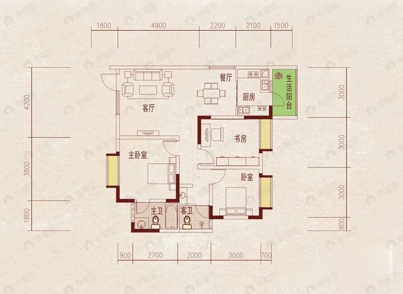 成都国奥村3室2厅2卫户型图