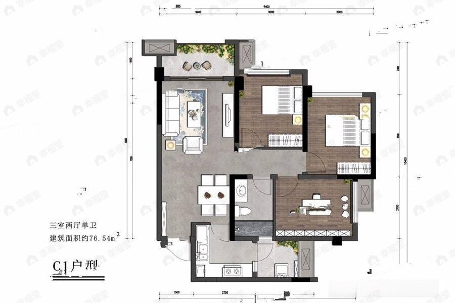 朗基御香3室2厅1卫户型图