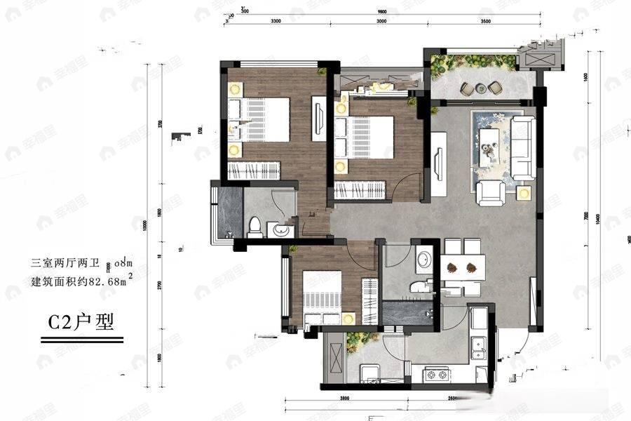 朗基御香3室2厅2卫户型图