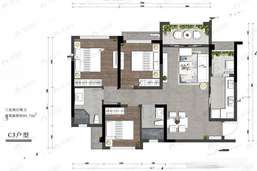 朗基御香3室2厅2卫户型图