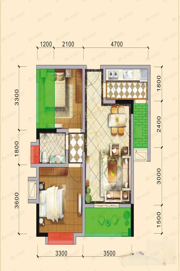 2室2厅1卫建面73平南户型图