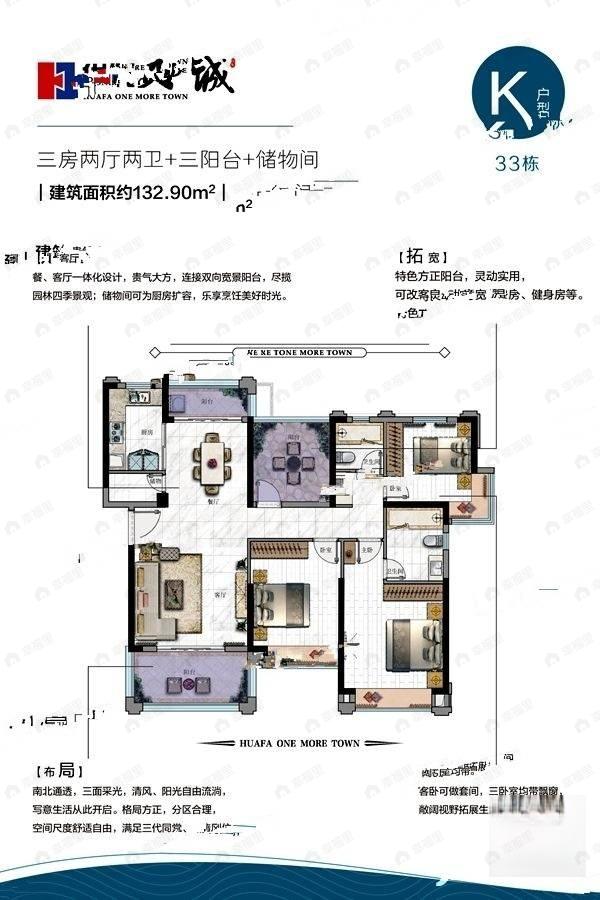3室2厅2卫建面132平户型图