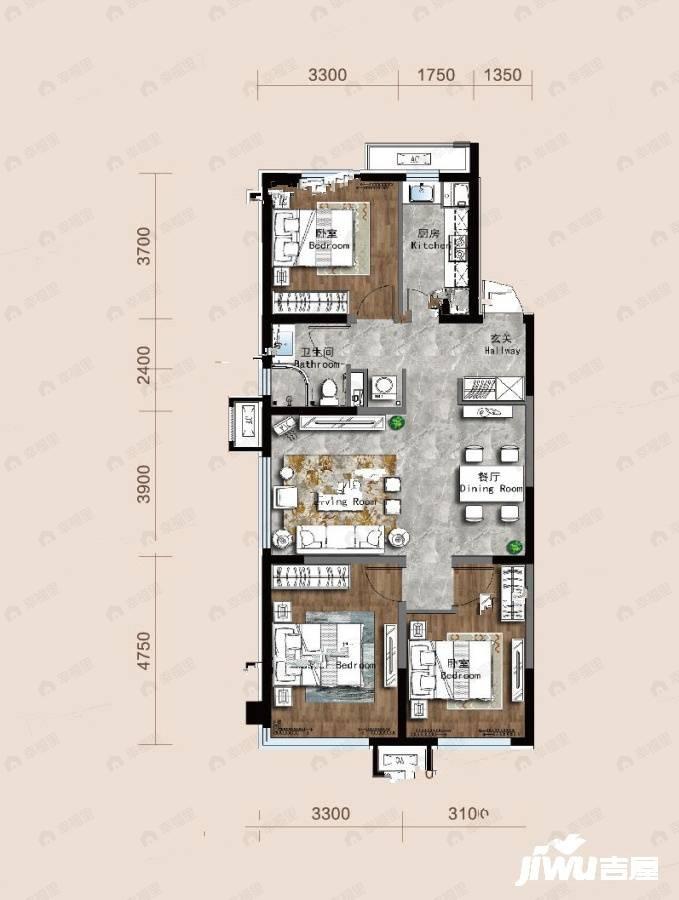 3室2厅1卫建面115平户型图
