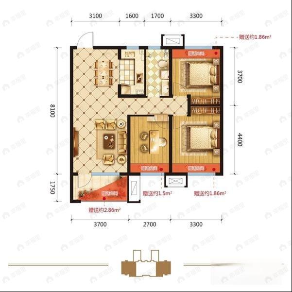 3室2厅1卫建面101平户型图