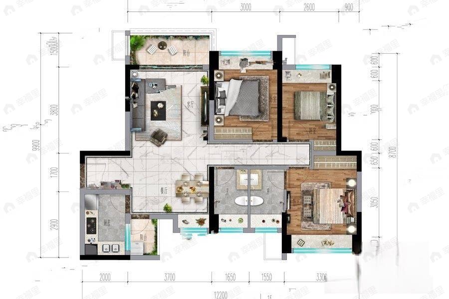 3室2厅2卫建面98平户型图