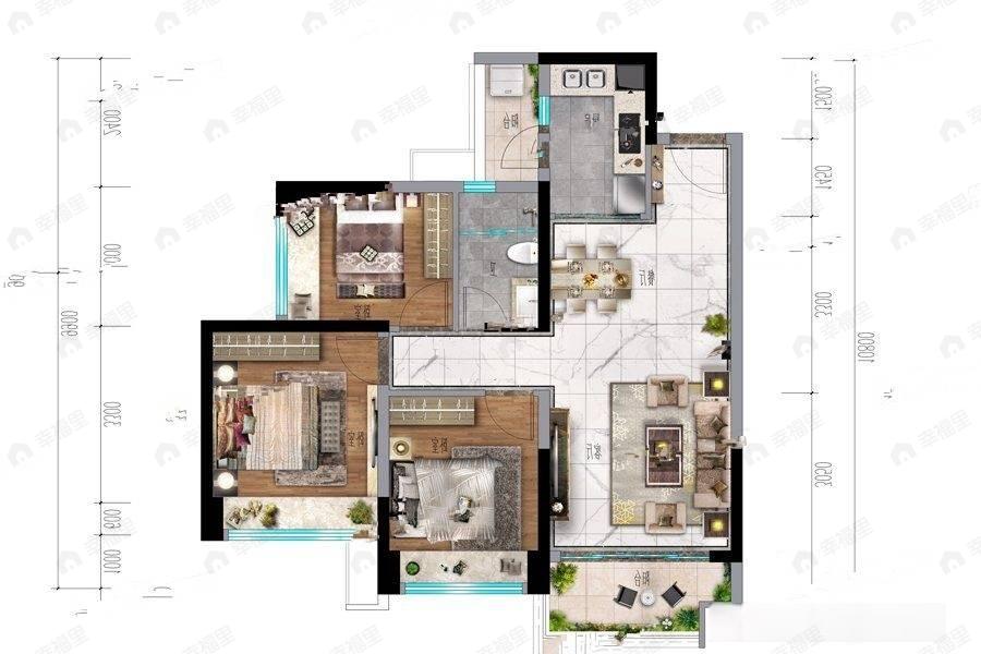 3室2厅1卫建面91平户型图