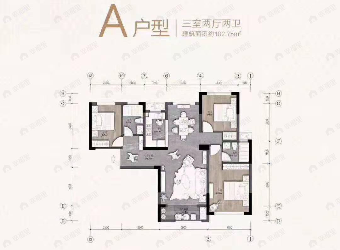3室2厅2卫建面102平南户型图