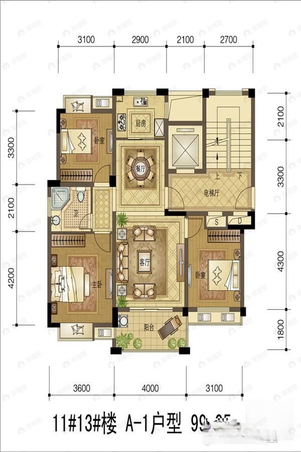 3室2厅1卫建面99平户型图
