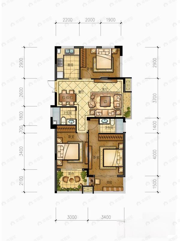 3室2厅2卫建面87平户型图