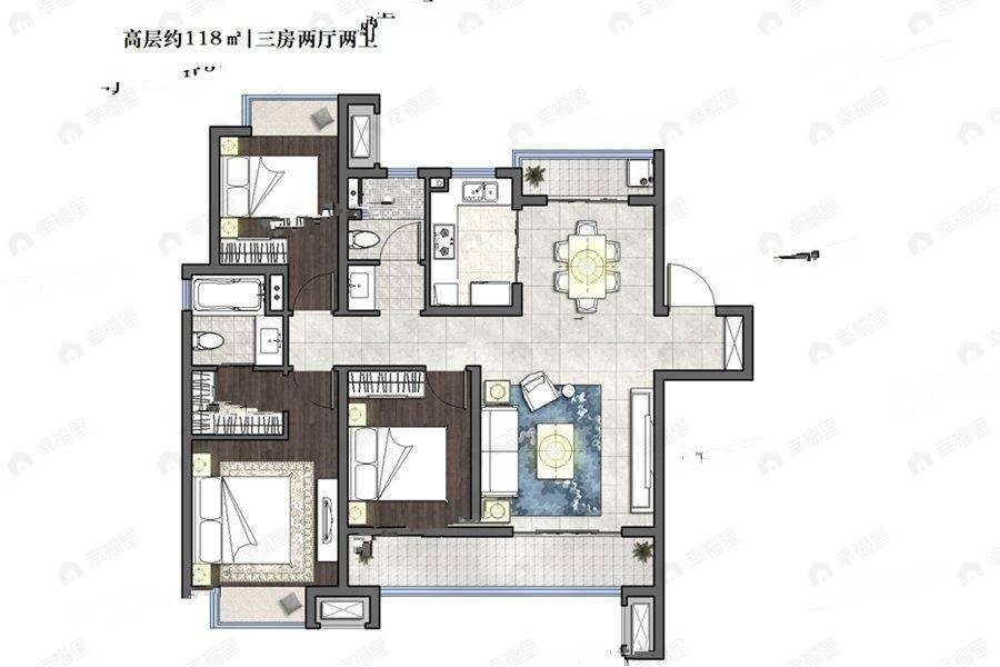 龙湖煌盛春江天玺3室2厅2卫户型图