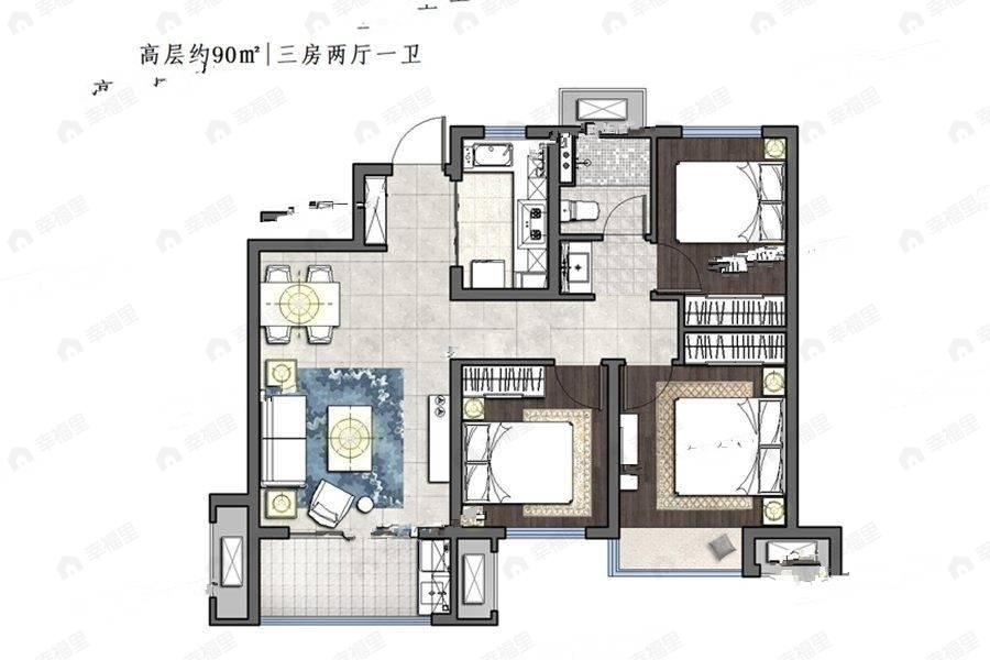 3室2厅1卫建面90平户型图