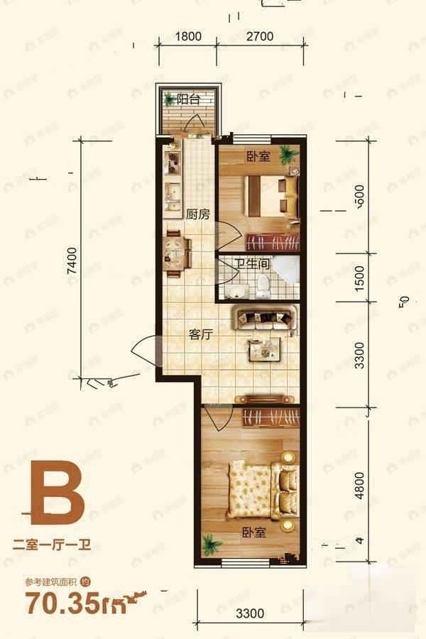 2室1厅1卫建面70平户型图