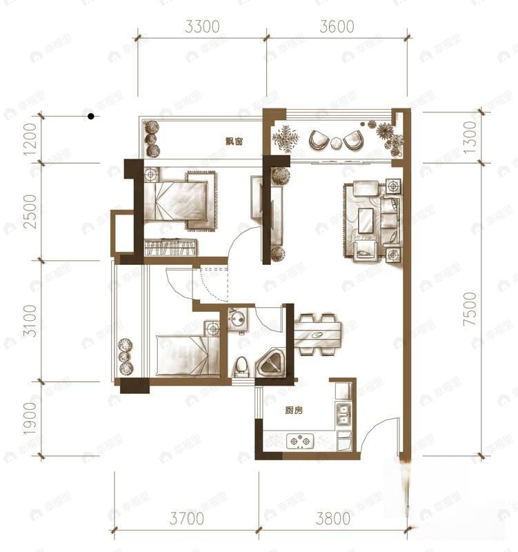 2室2厅1卫建面55平户型图