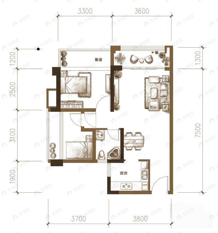 2室2厅1卫建面55平户型图