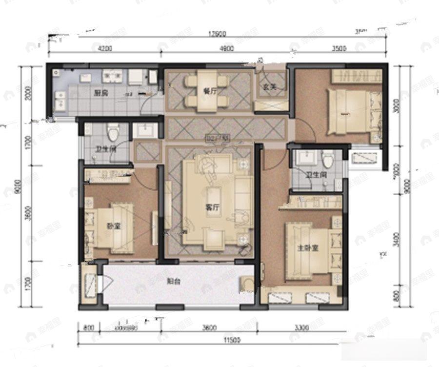 3室2厅2卫建面115平户型图