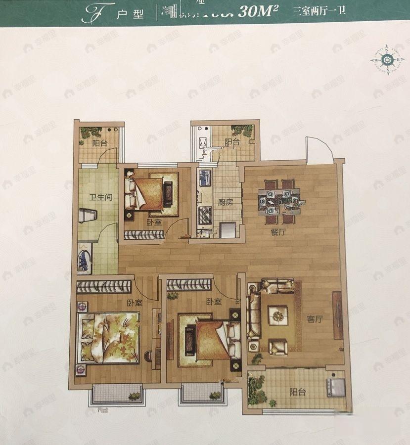 3室2厅1卫建面103m²南户型图