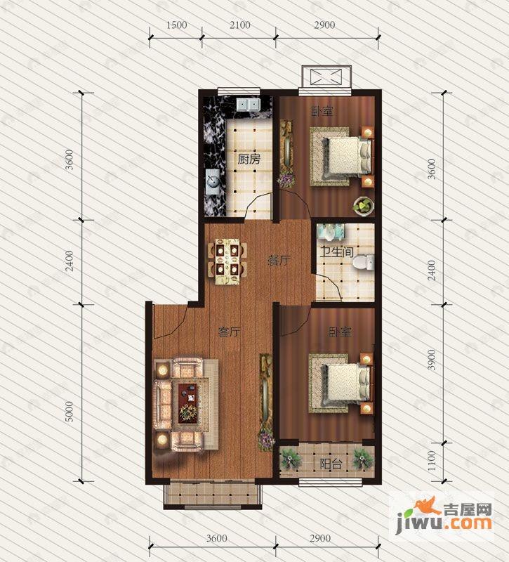 2室2厅1卫建面77平户型图