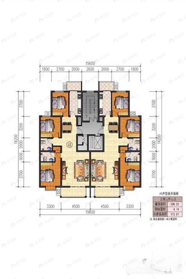 3室2厅2卫建面109平户型图