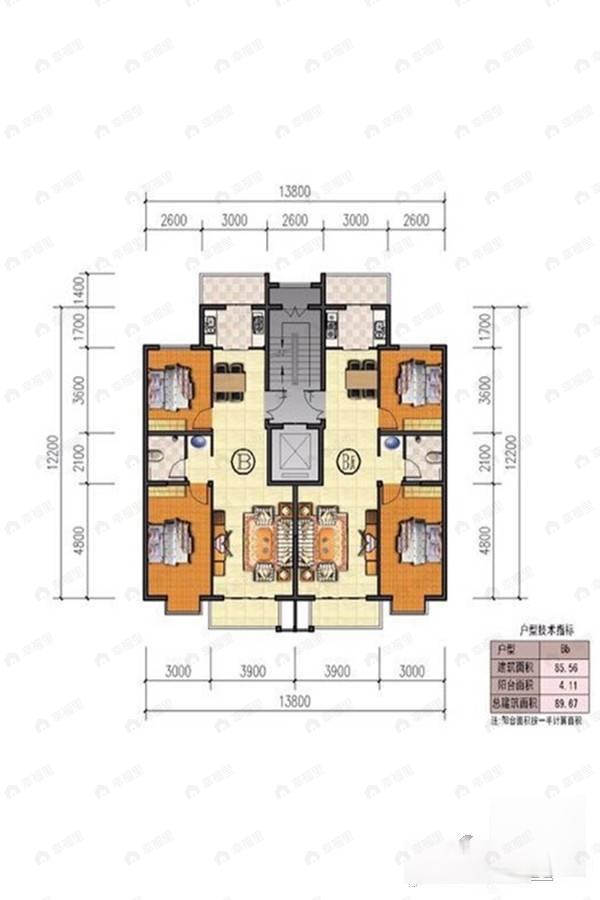 2室2厅1卫建面85平户型图