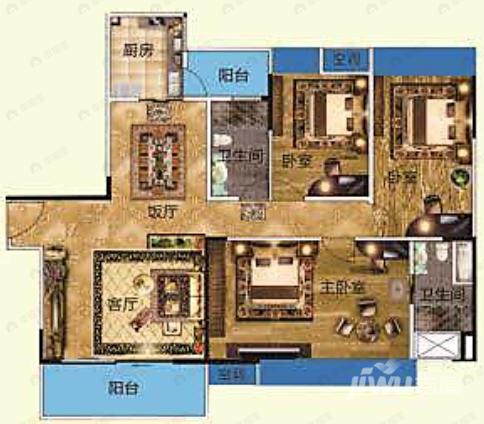 3室2厅2卫建面127m²南户型图