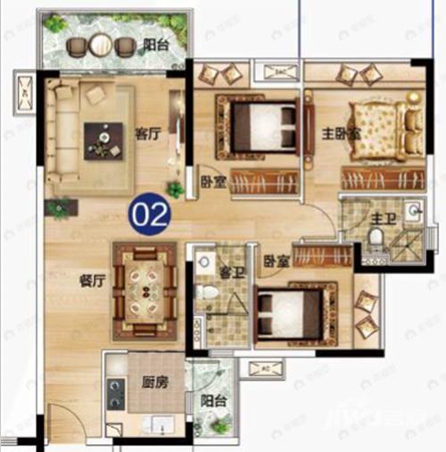 3室2厅2卫建面102m²南户型图