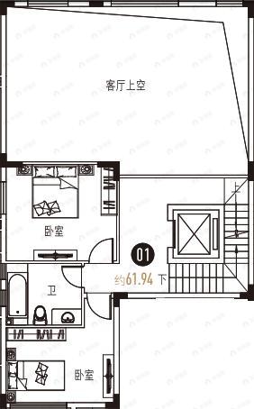 2室1厅1卫建面61平南户型图