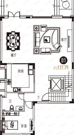 1室2厅1卫建面117平南户型图