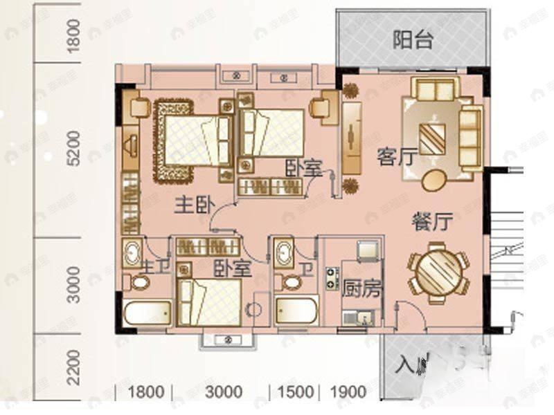 2室2厅2卫建面90平户型图