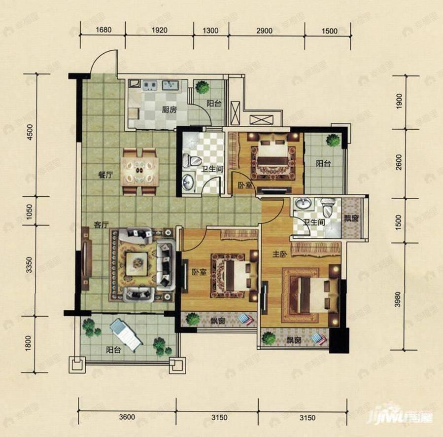 3室2厅2卫建面98平户型图