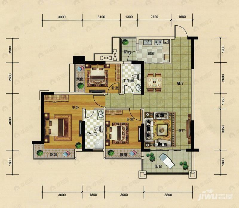 3室2厅2卫建面106平户型图