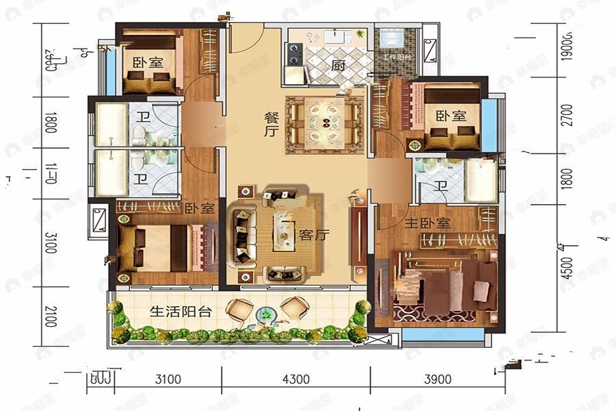 4室2厅3卫建面139平户型图