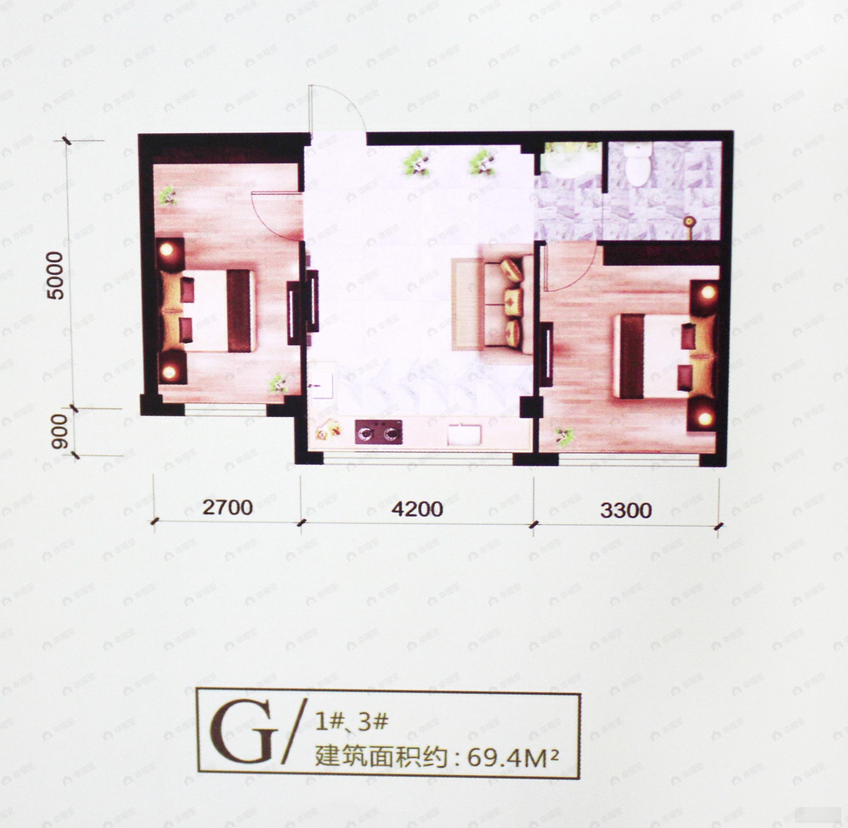 2室1厅1卫建面69平户型图