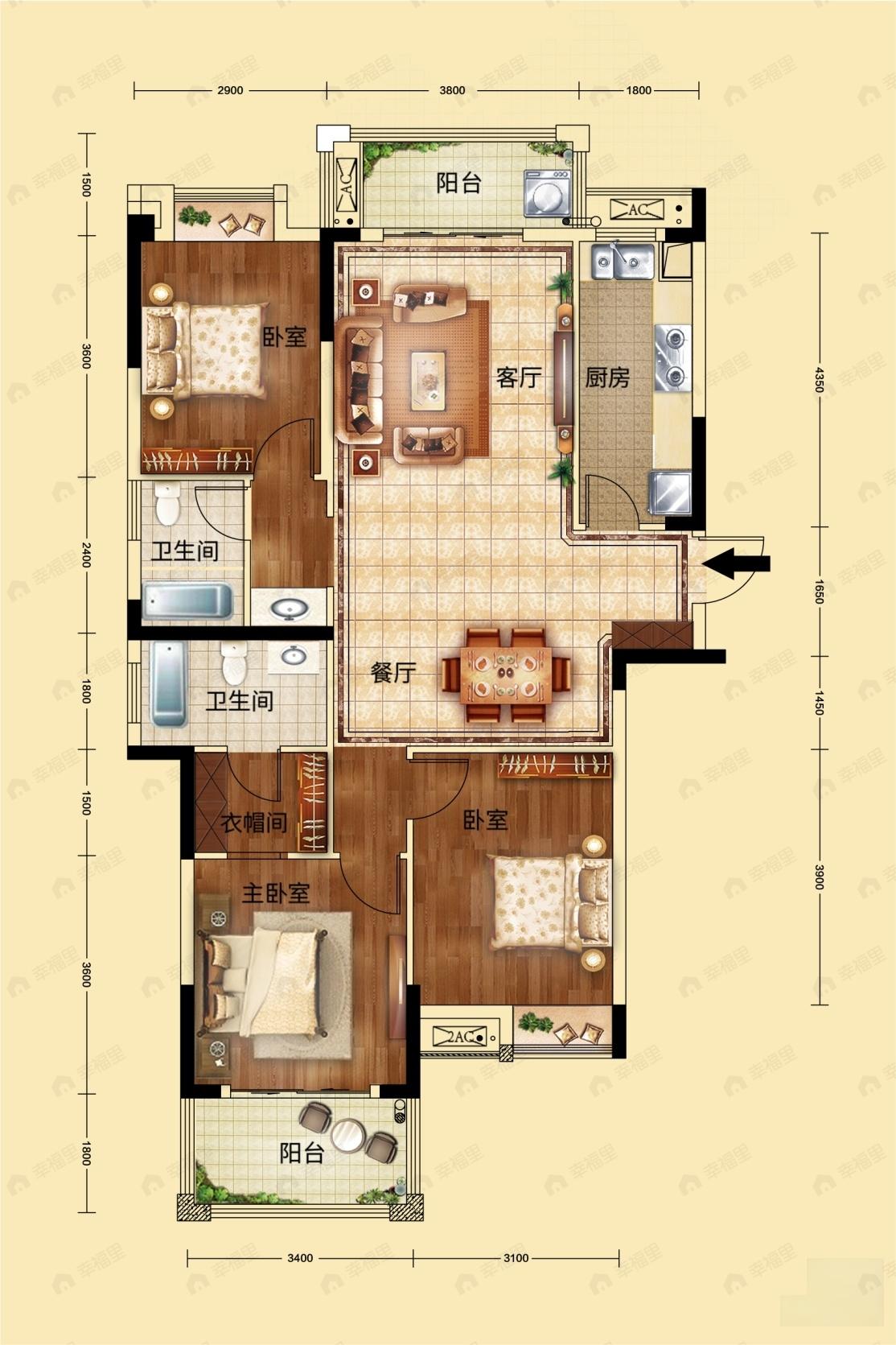 中国铁建·公园33262室2厅2卫户型图