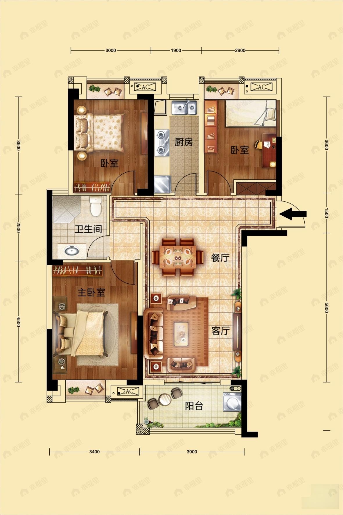 3室2厅1卫建面105平户型图