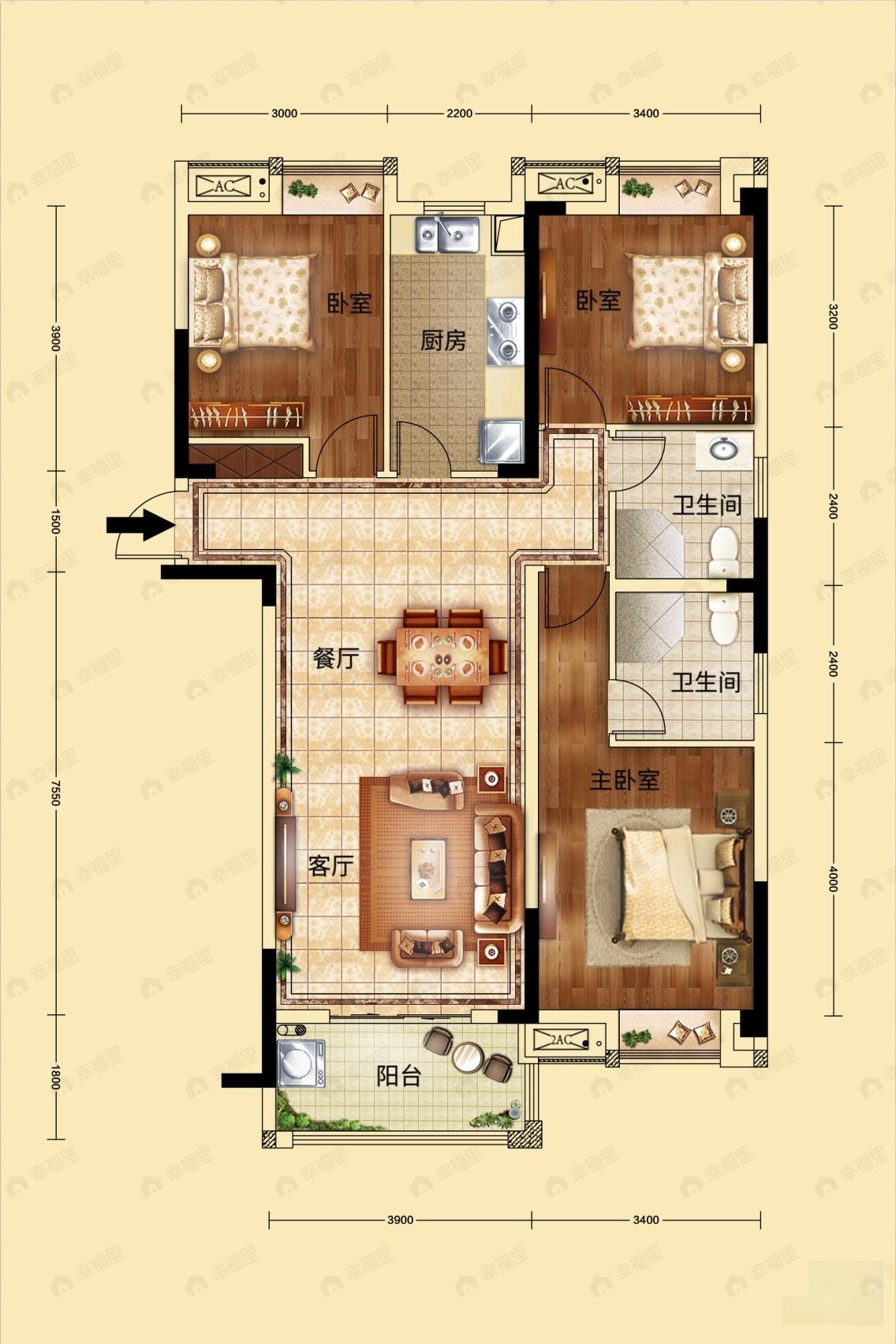 3室2厅1卫建面113平户型图